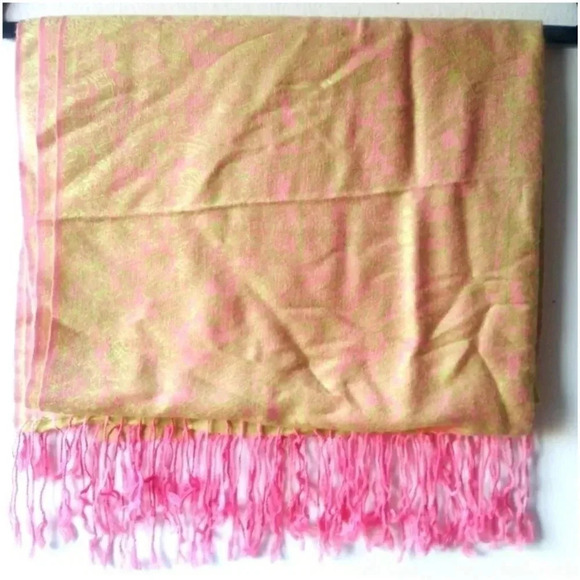 LARGE TASSEL SCARF - PINK/GOLD/GREEN - Picture 3 of 3